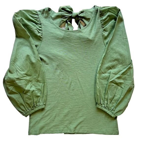 Nation LTD Shalom Tie Back Puff Sleeve Top Blouse Combo Tee XS Clover Green - Picture 11 of 12